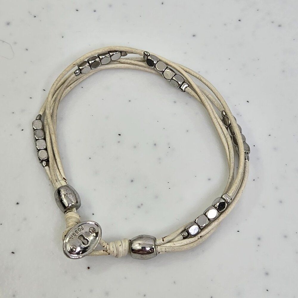 Fossil Leather‎ Cord Bracelet White Silver Tone Beaded Multi Strand Boho
